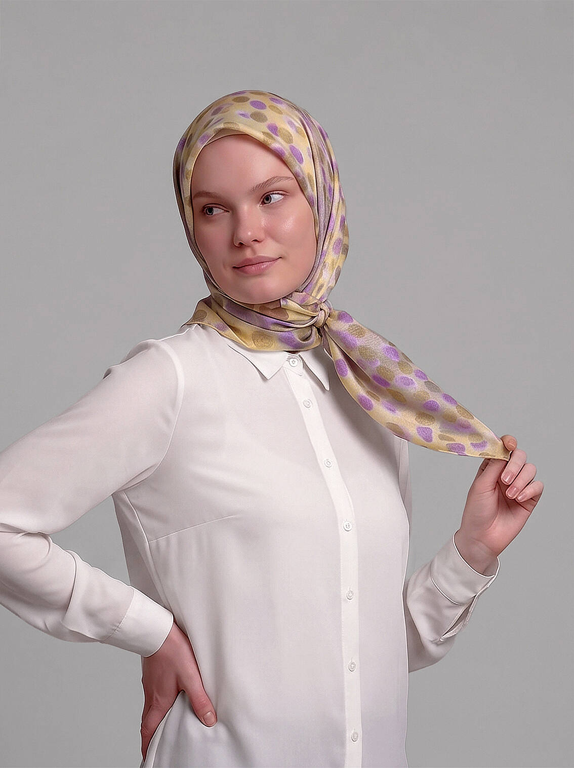 Fırça Hâlesi Puanlı Soyut Desenli Çift Taraflı Eşarp - Mor Sarı