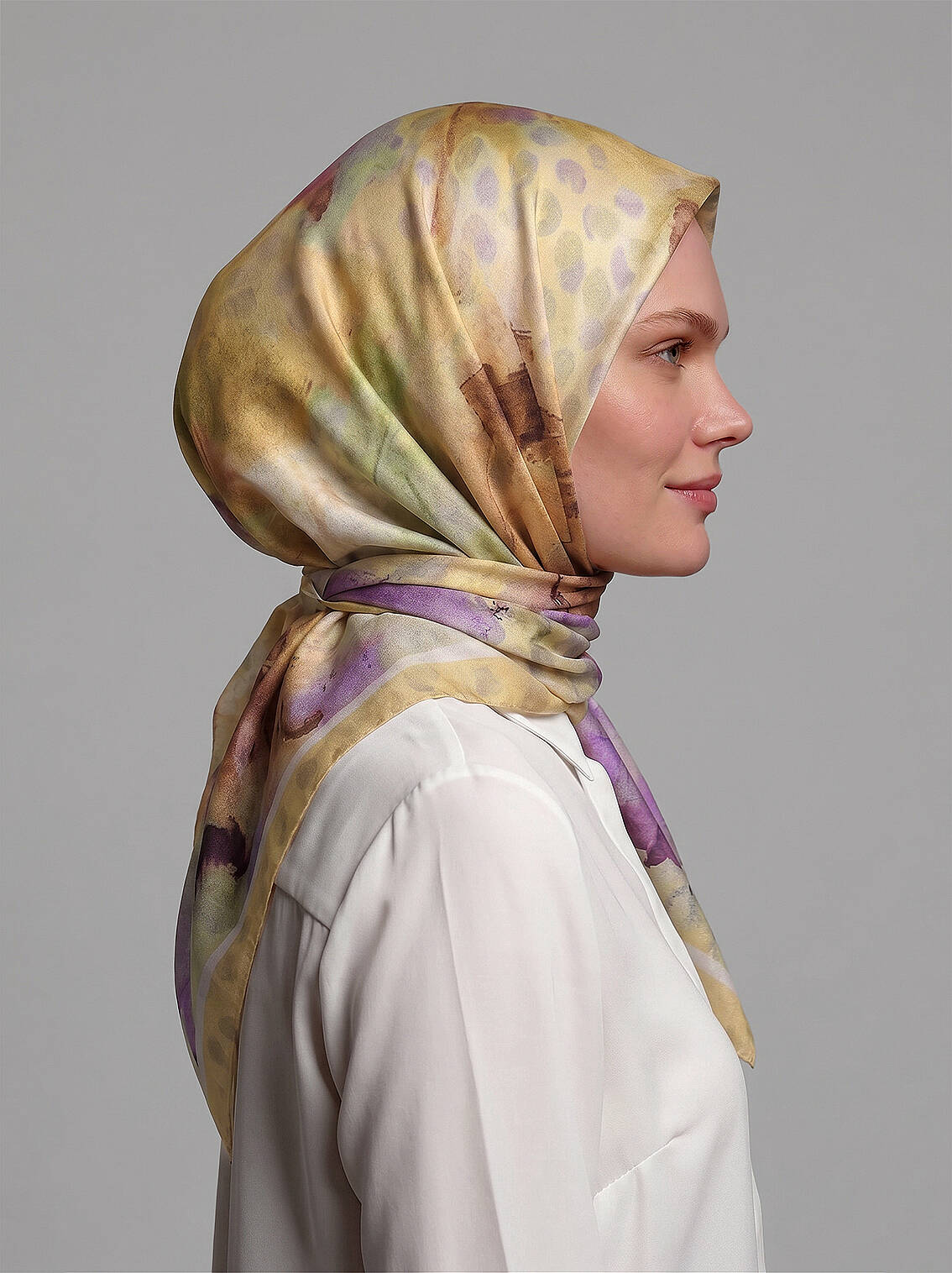 Fırça Hâlesi Puanlı Soyut Desenli Çift Taraflı Eşarp - Mor Sarı