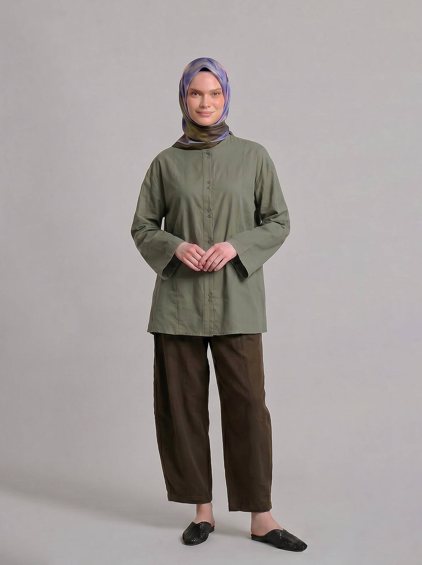 Fırça Hâlesi Puanlı Soyut Desenli Çift Taraflı Eşarp - Yeşil Mor