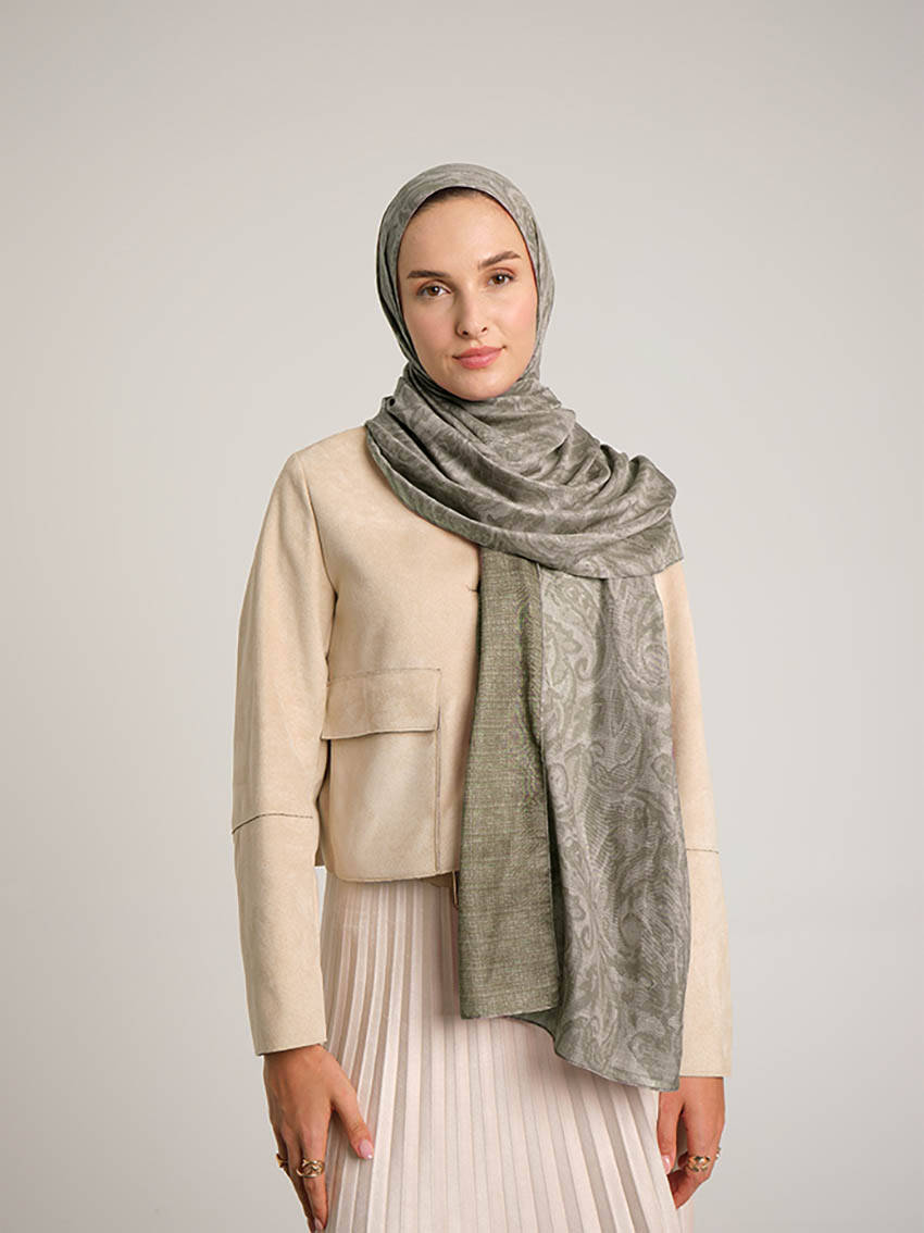 Nakkaşhâne Monogram Desenli Çift Taraflı Şal - Haki