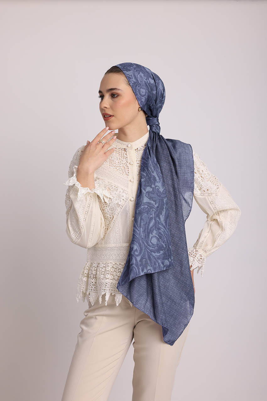 Nakkaşhâne Monogram Desenli Çift Taraflı Şal - Mavi