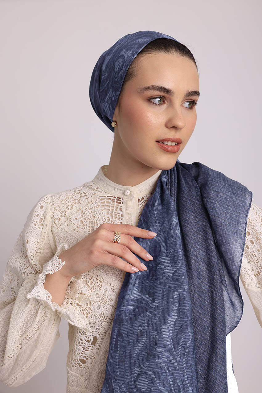 Nakkaşhâne Monogram Desenli Çift Taraflı Şal - Mavi