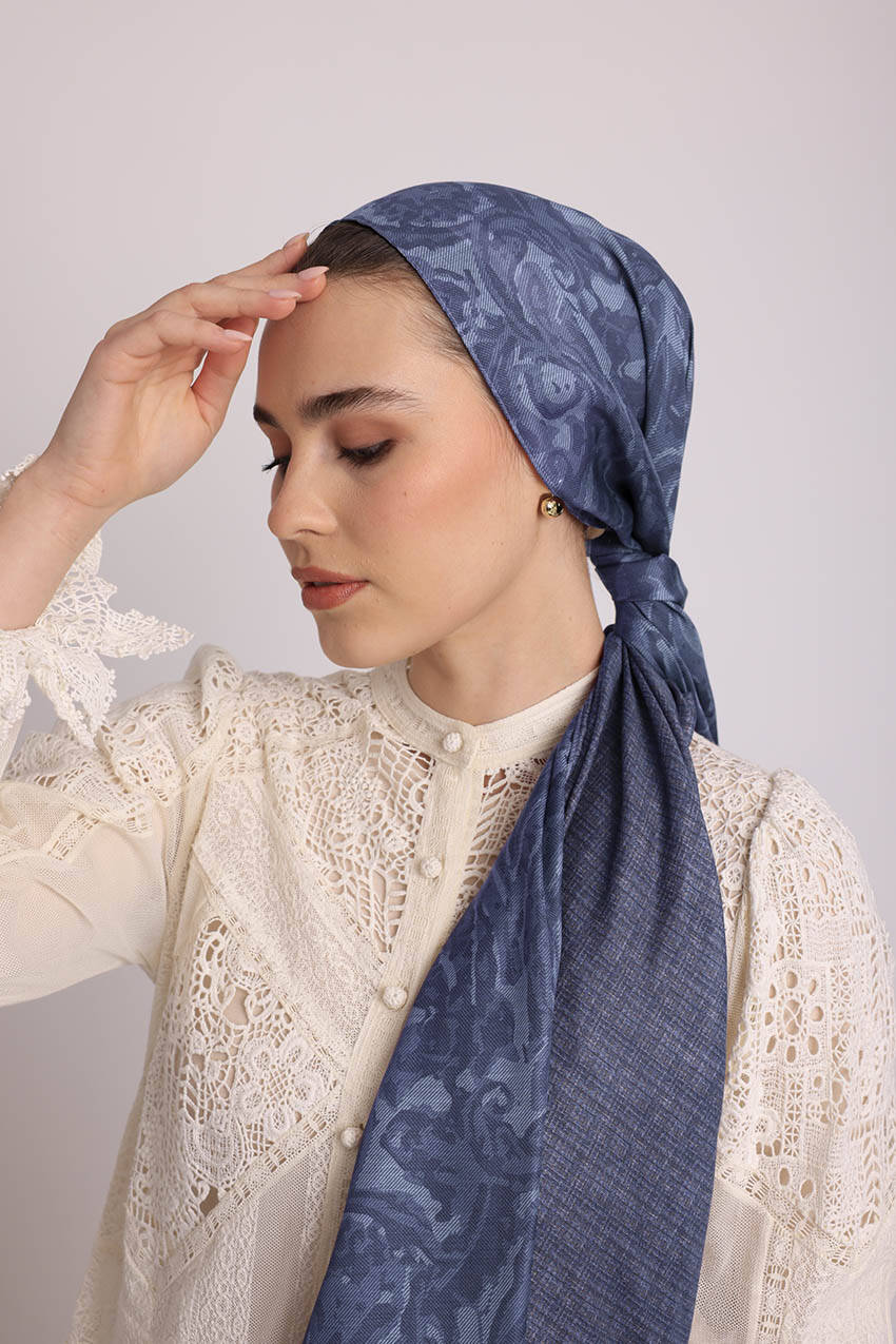 Nakkaşhâne Monogram Desenli Çift Taraflı Şal - Mavi