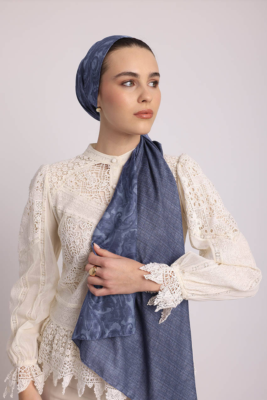 Nakkaşhâne Monogram Desenli Çift Taraflı Şal - Mavi