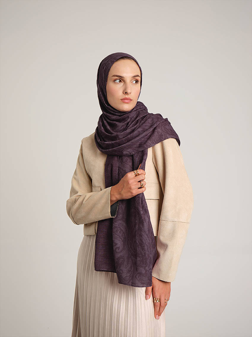 Nakkaşhâne Monogram Desenli Çift Taraflı Şal - Patlıcan Mor
