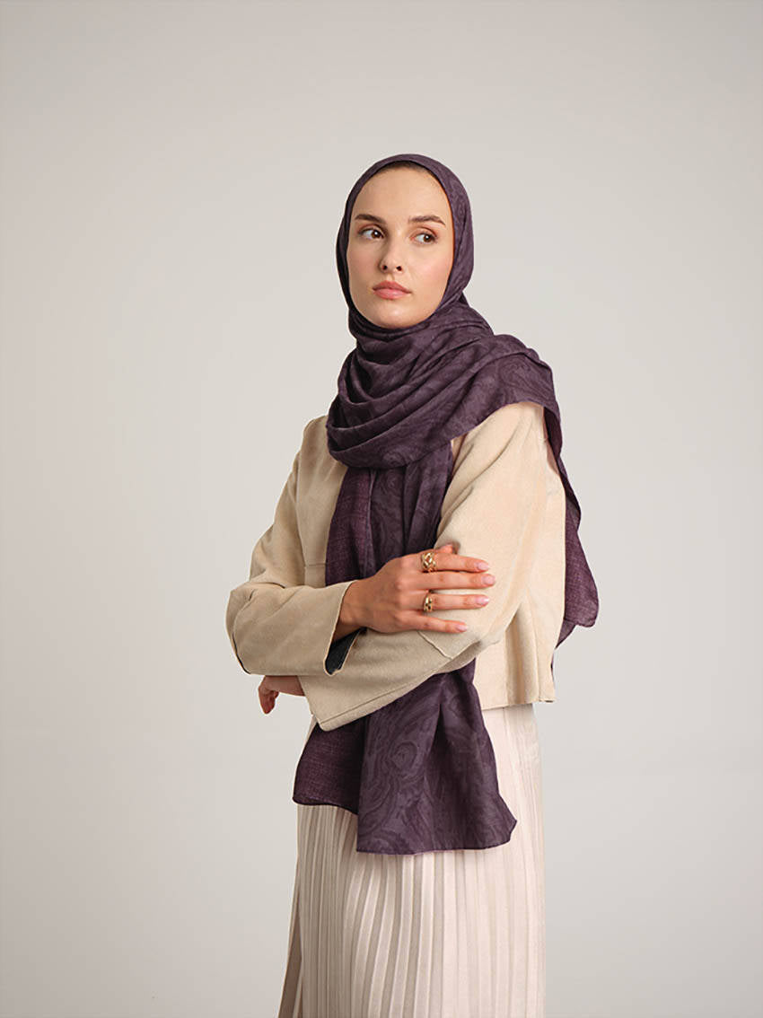 Nakkaşhâne Monogram Desenli Çift Taraflı Şal - Patlıcan Mor