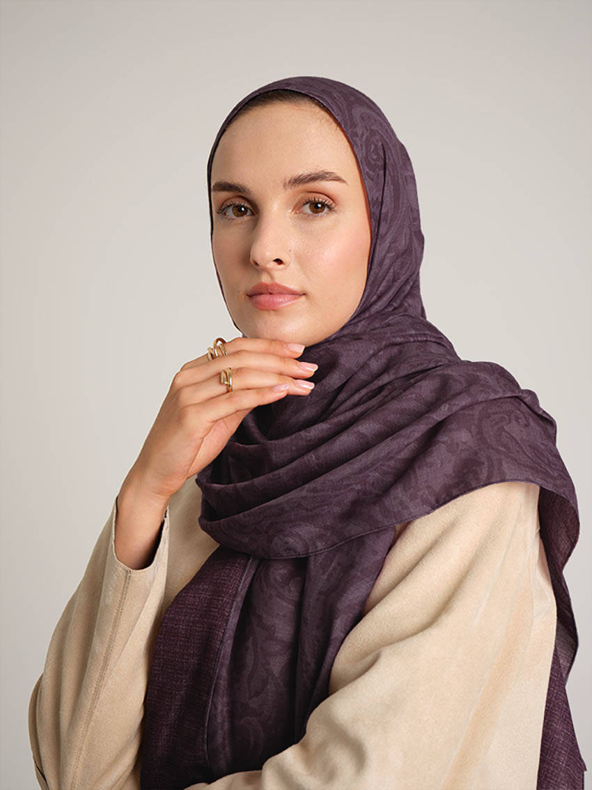 Nakkaşhâne Monogram Desenli Çift Taraflı Şal - Patlıcan Mor