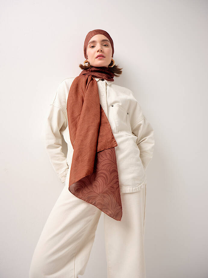 Rûmî Sema Monogram Desenli Çift Taraflı Şal - Canlı Kiremit