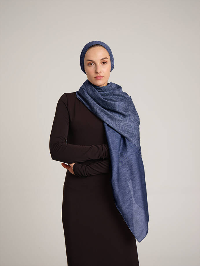 Rûmî Sema Monogram Desenli Çift Taraflı Şal - İndigo Mavi
