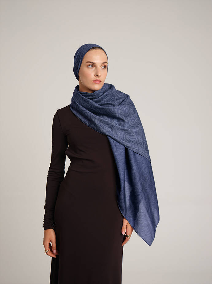 Rûmî Sema Monogram Desenli Çift Taraflı Şal - İndigo Mavi