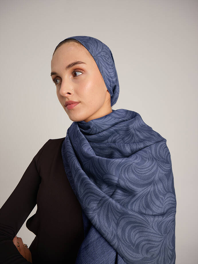 Rûmî Sema Monogram Desenli Çift Taraflı Şal - İndigo Mavi