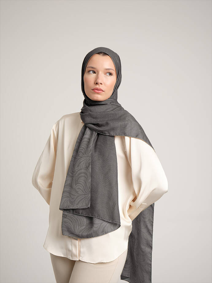 Rûmî Sema Monogram Desenli Çift Taraflı Şal - Sis Gri