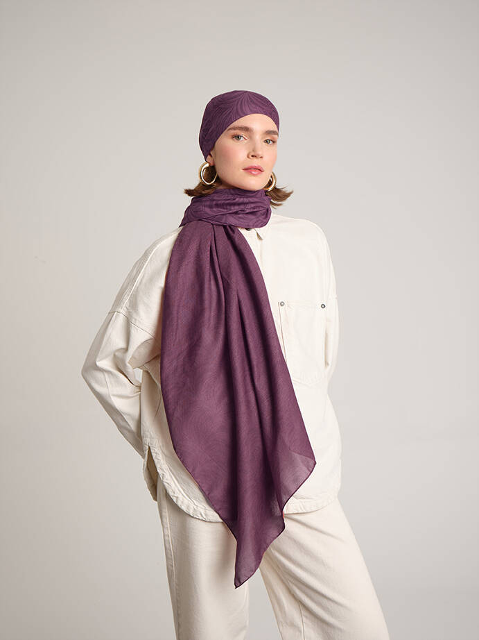 Rûmî Sema Monogram Desenli Çift Taraflı Şal - Menekşe Mor
