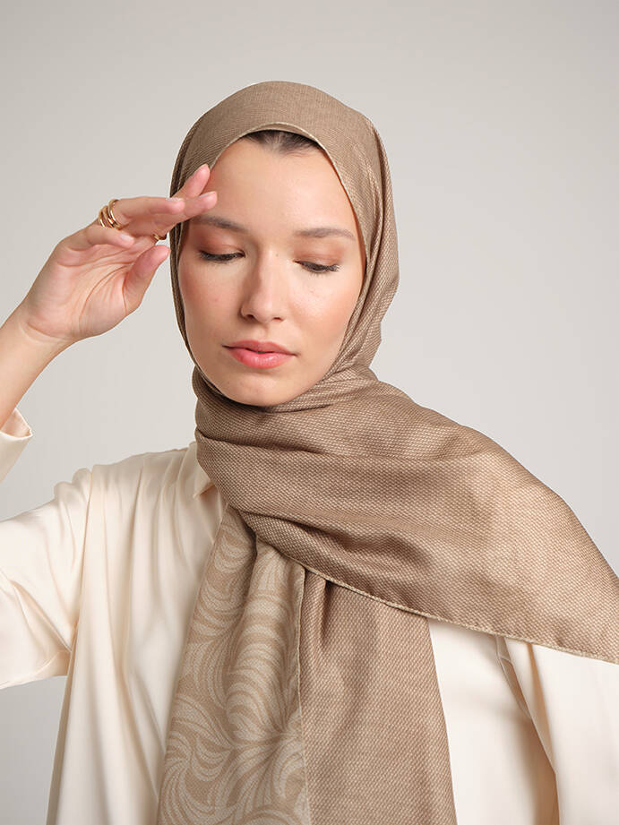 Rûmî Sema Monogram Desenli Çift Taraflı Şal - Sis bej