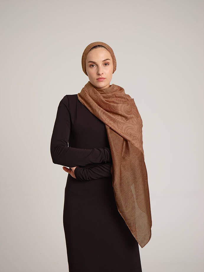 Rûmî Sema Monogram Desenli Çift Taraflı Şal - Taba Kızıl