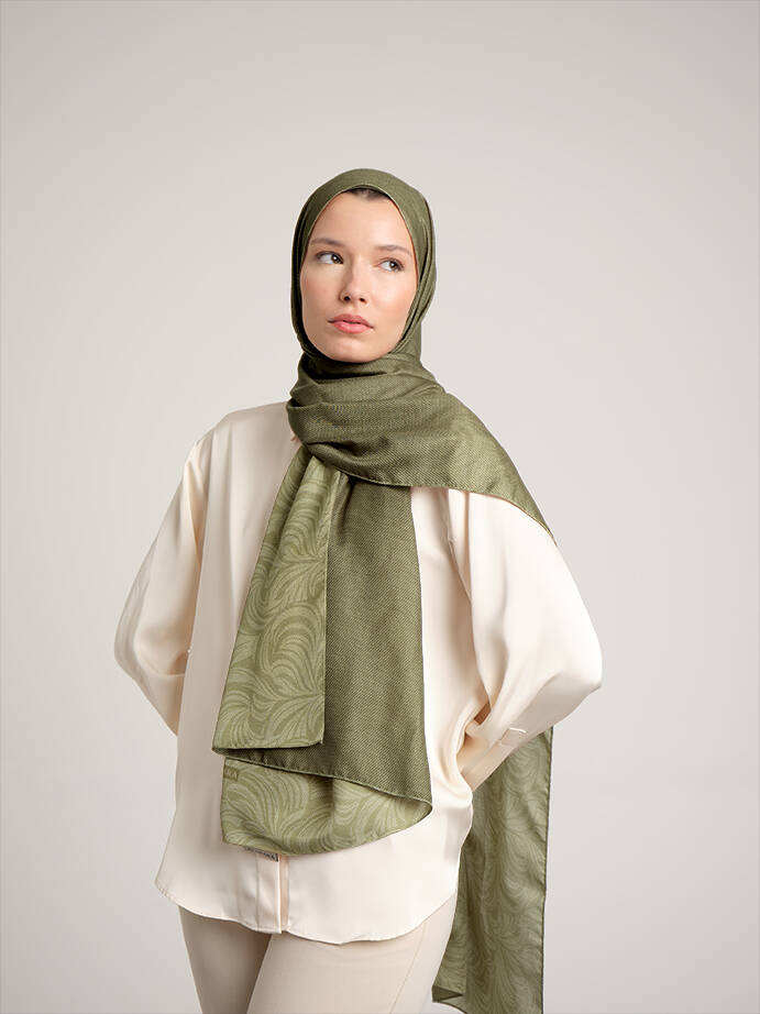Rûmî Sema Monogram Desenli Çift Taraflı Şal - Yağ Yeşil