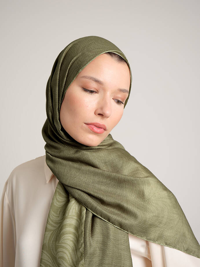 Rûmî Sema Monogram Desenli Çift Taraflı Şal - Yağ Yeşil