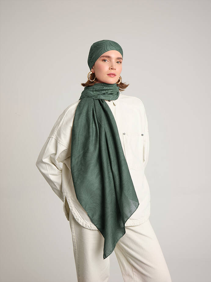 Rûmî Sema Monogram Desenli Çift Taraflı Şal - Yeşil