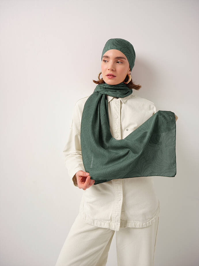 Rûmî Sema Monogram Desenli Çift Taraflı Şal - Yeşil
