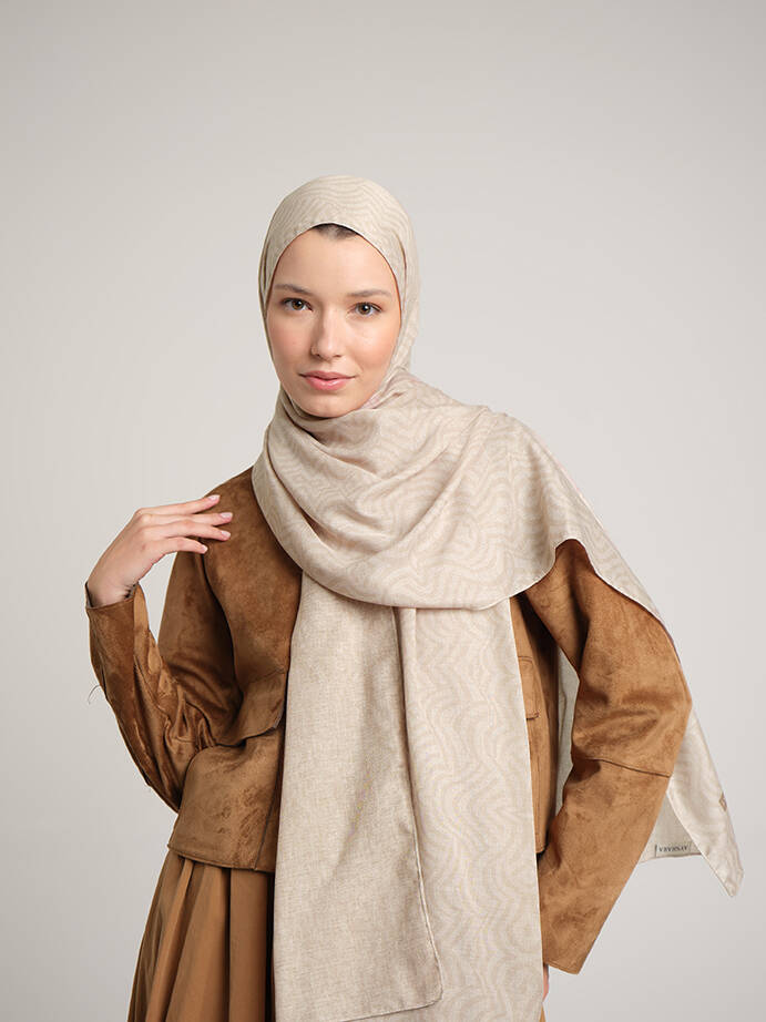 Şiraze Monogram Düz Desenli Çift Taraflı Şal - Taş Bej