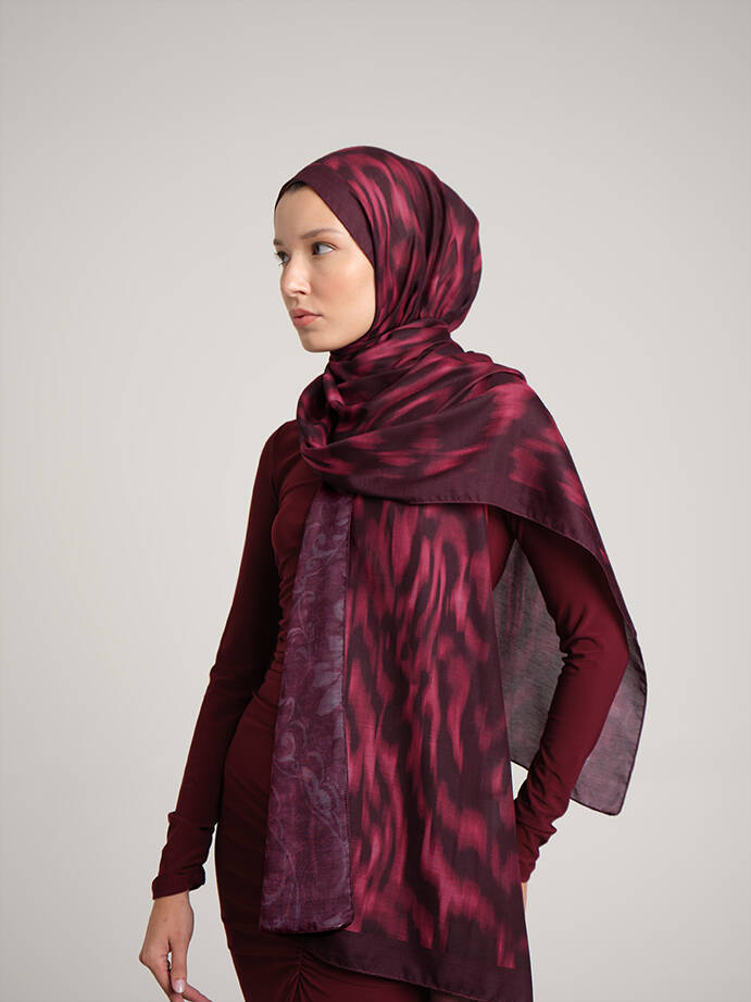 Yalaz Zebra Damask Desenli Çift Taraflı Şal - Bordo