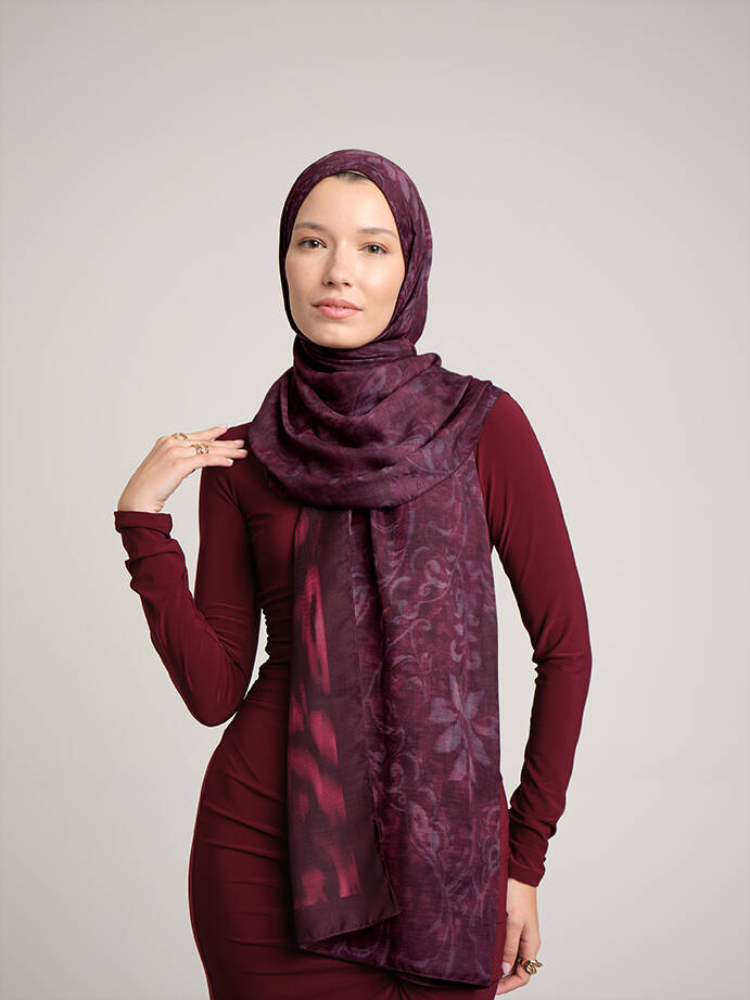 Yalaz Zebra Damask Desenli Çift Taraflı Şal - Bordo
