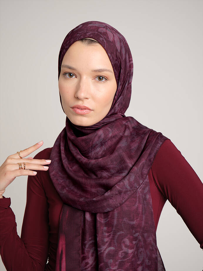 Yalaz Zebra Damask Desenli Çift Taraflı Şal - Bordo
