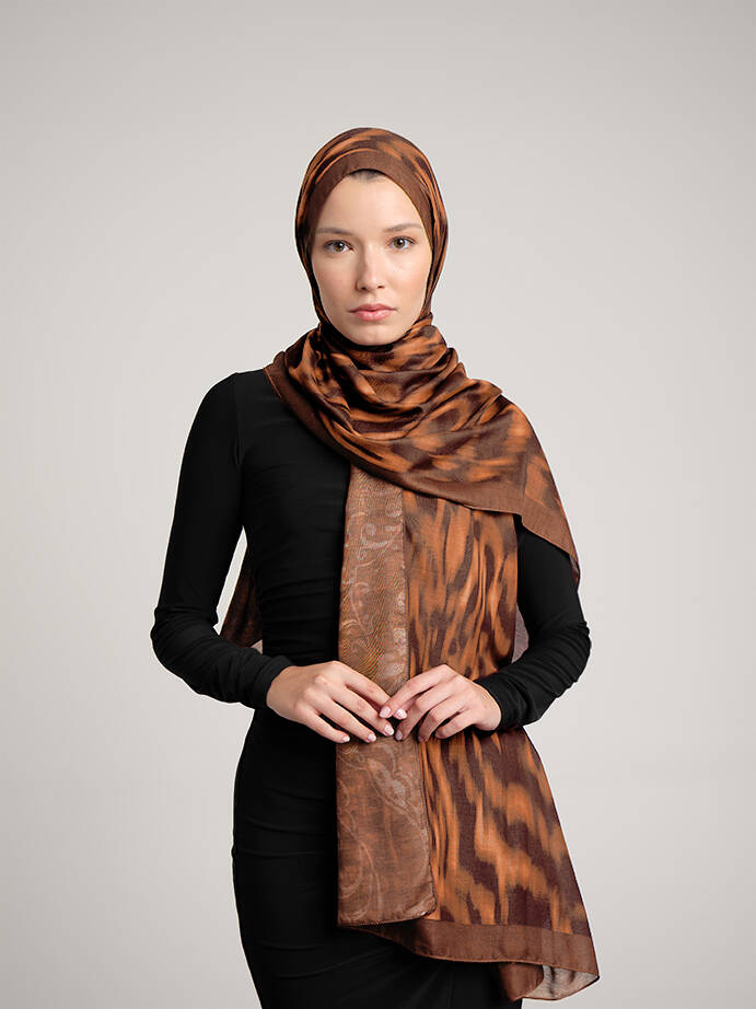 Yalaz Zebra Damask Desenli Çift Taraflı Şal - Bakır Taba