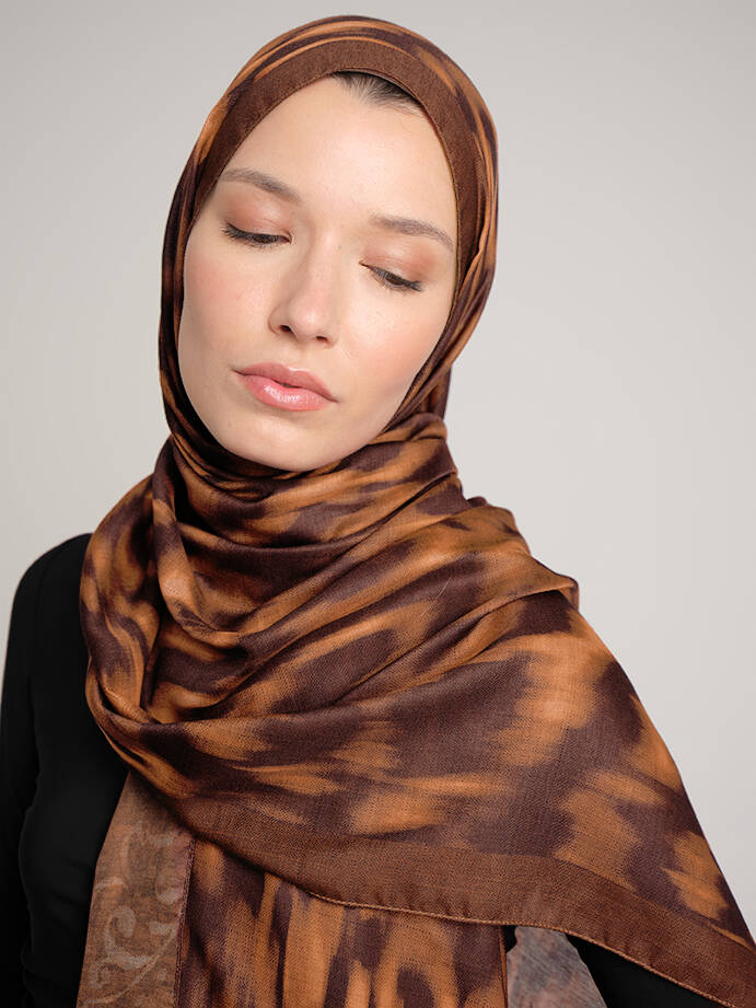 Yalaz Zebra Damask Desenli Çift Taraflı Şal - Bakır Taba