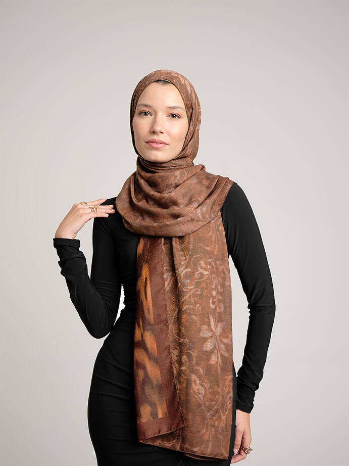 Yalaz Zebra Damask Desenli Çift Taraflı Şal - Bakır Taba