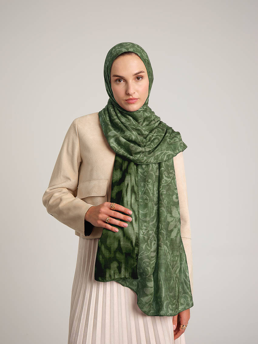 Yalaz Zebra Damask Desenli Çift Taraflı Şal - Zümrüt Yeşil