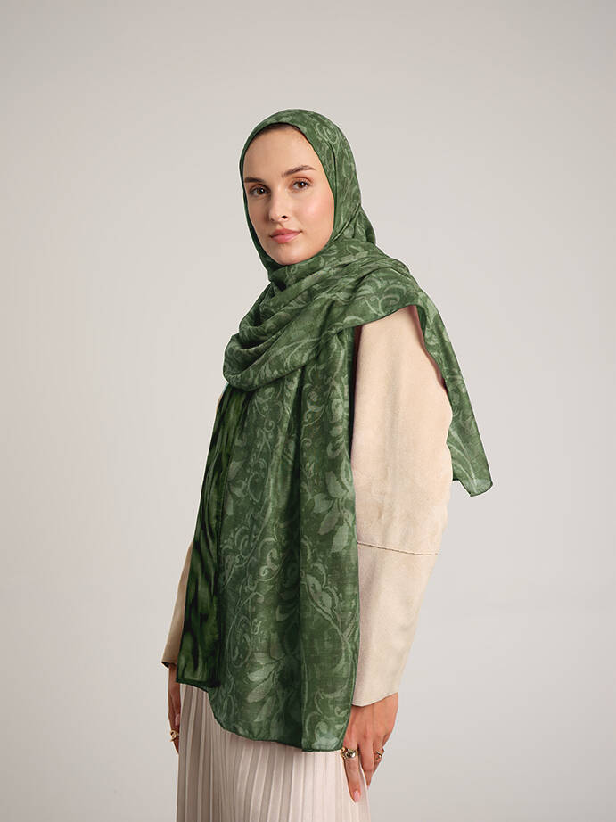 Yalaz Zebra Damask Desenli Çift Taraflı Şal - Zümrüt Yeşil