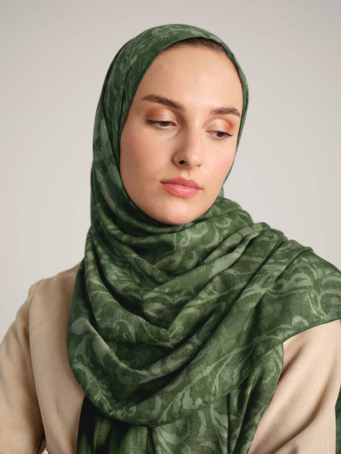 Yalaz Zebra Damask Desenli Çift Taraflı Şal - Zümrüt Yeşil