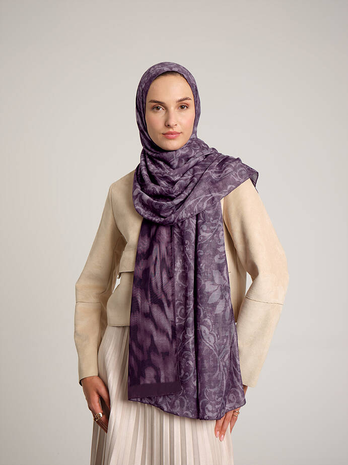 Yalaz Zebra Damask Desenli Çift Taraflı Şal - Mürdüm