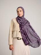 Yalaz Zebra Damask Desenli Çift Taraflı Şal - Mürdüm