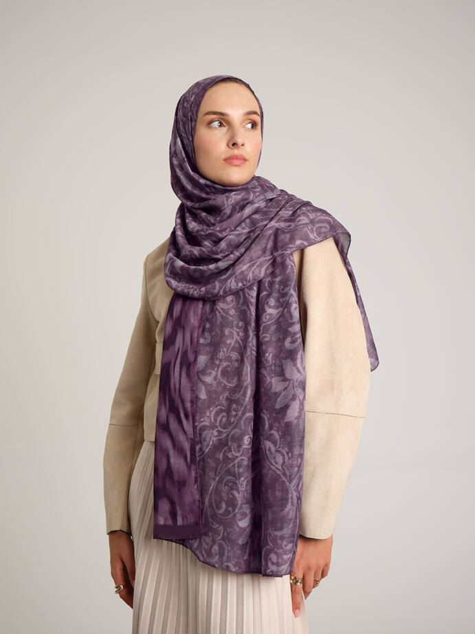 Yalaz Zebra Damask Desenli Çift Taraflı Şal - Mürdüm