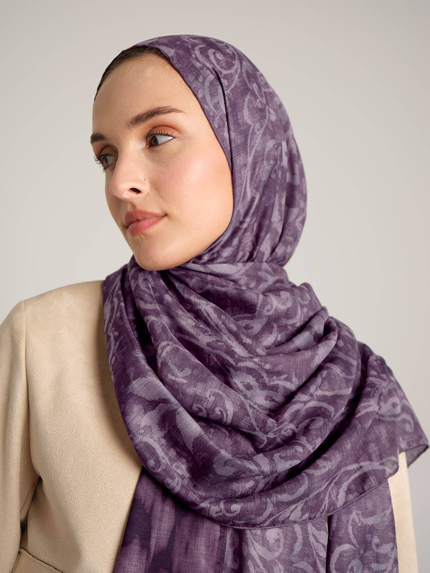 Yalaz Zebra Damask Desenli Çift Taraflı Şal - Mürdüm
