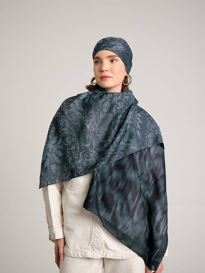 Yalaz Zebra Damask Desenli Çift Taraflı Şal - Turkuaz Yeşil