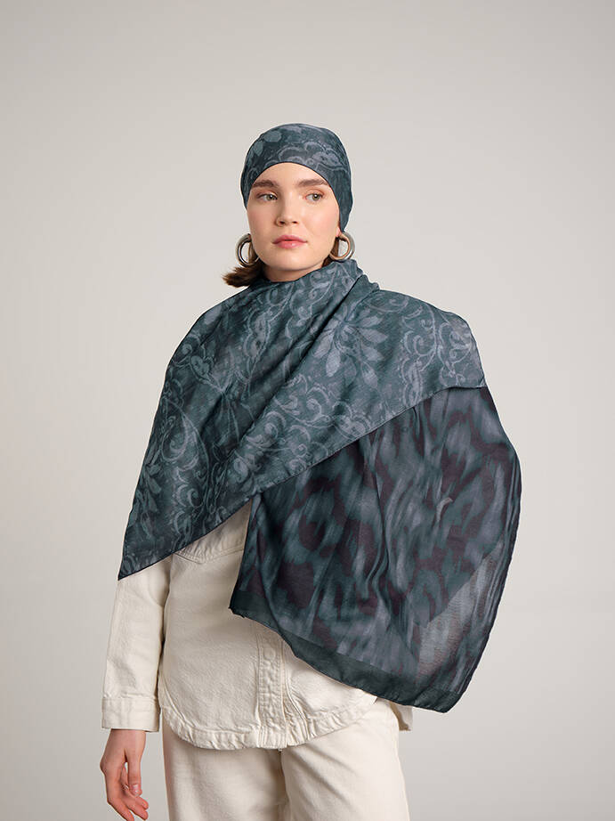 Yalaz Zebra Damask Desenli Çift Taraflı Şal - Turkuaz Yeşil