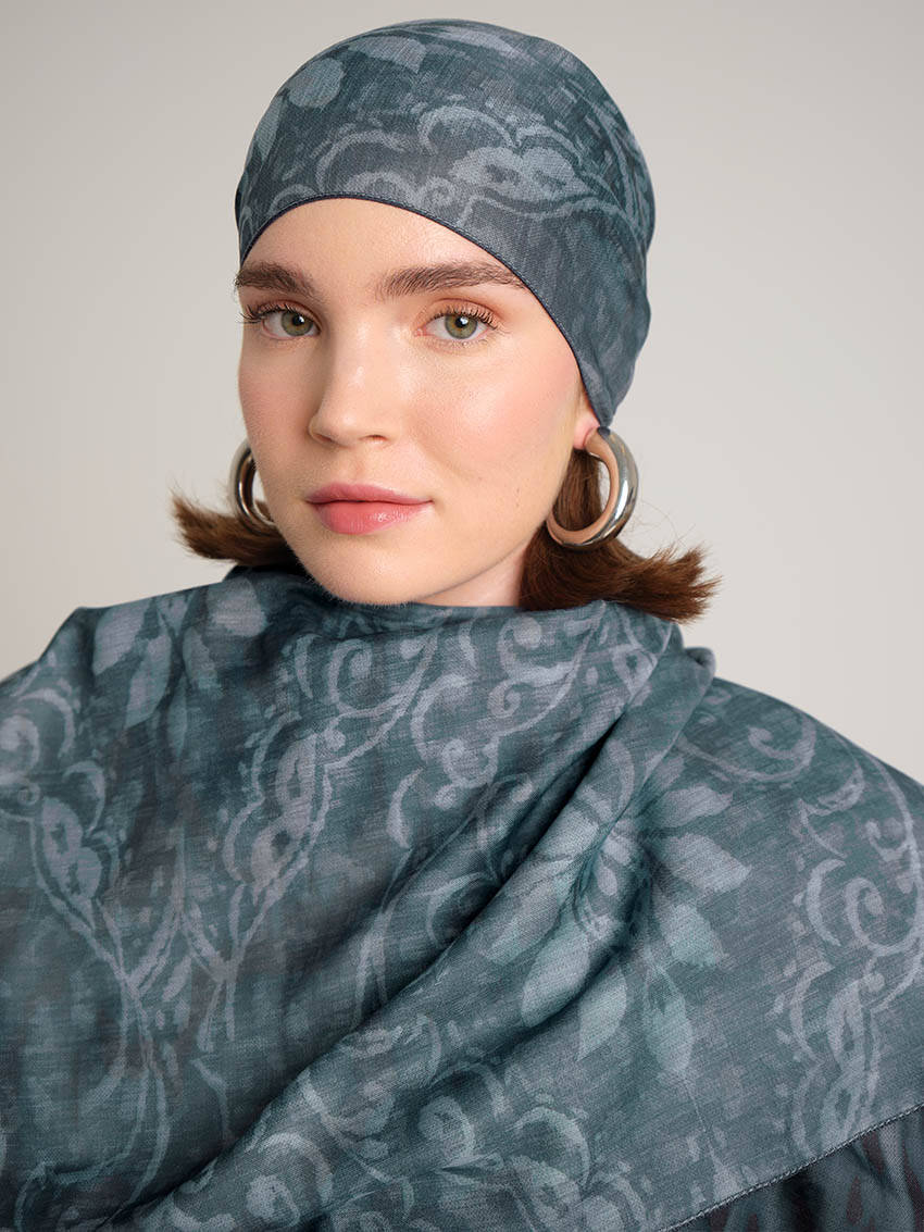 Yalaz Zebra Damask Desenli Çift Taraflı Şal - Turkuaz Yeşil