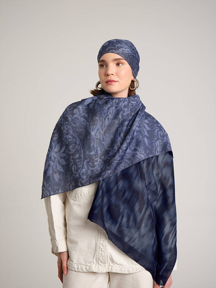 Yalaz Zebra Damask Desenli Çift Taraflı Şal - Koyu Kot Mavi