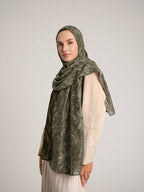 Yalaz Zebra Damask Desenli Çift Taraflı Şal - Haki Yeşil