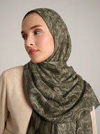 Yalaz Zebra Damask Desenli Çift Taraflı Şal - Haki Yeşil