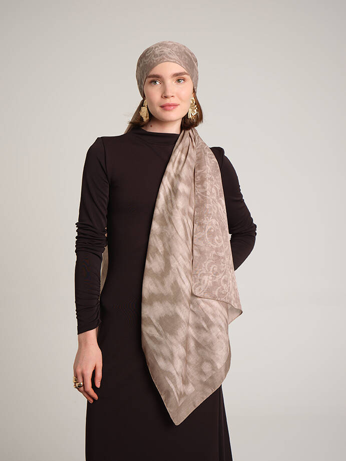 Yalaz Zebra Damask Desenli Çift Taraflı Şal - Krem Bej