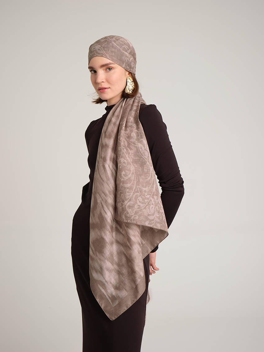 Yalaz Zebra Damask Desenli Çift Taraflı Şal - Krem Bej