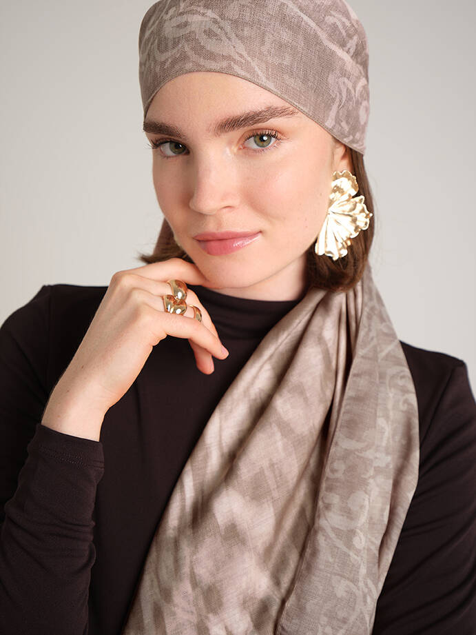 Yalaz Zebra Damask Desenli Çift Taraflı Şal - Krem Bej