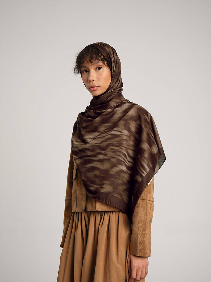 Yalaz Zebra Damask Desenli Çift Taraflı Şal - Kahverengi Çikolata